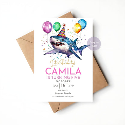 Fun shark-themed birthday invite with balloon design
