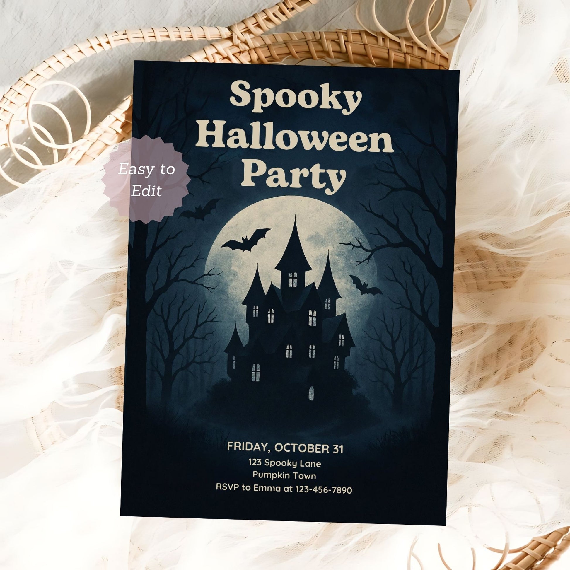 Halloween party invitation with a haunted house design on a textured surface