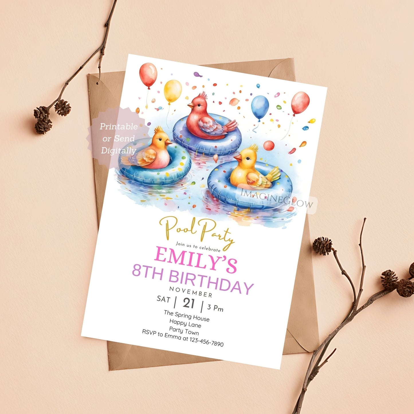 Customizable birthday invitation with bird and pool theme
