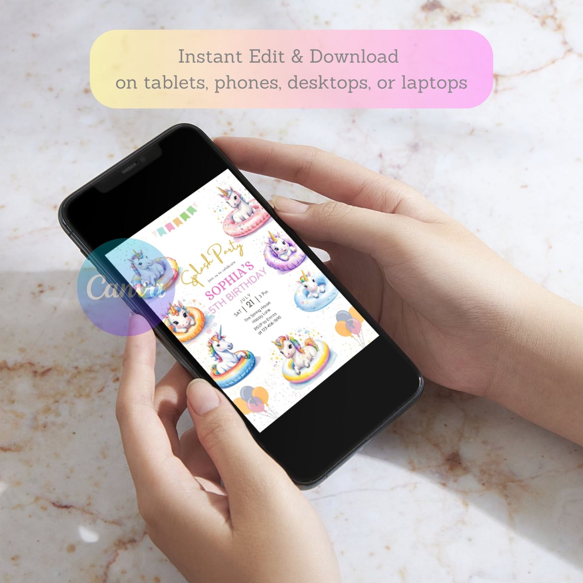 printable unicorn birthday invitation
kids summer pool party invite
unicorn swim party invitation
