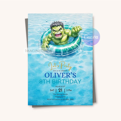 Birthday invitation card with a superhero character in water, featuring the Canva brand.