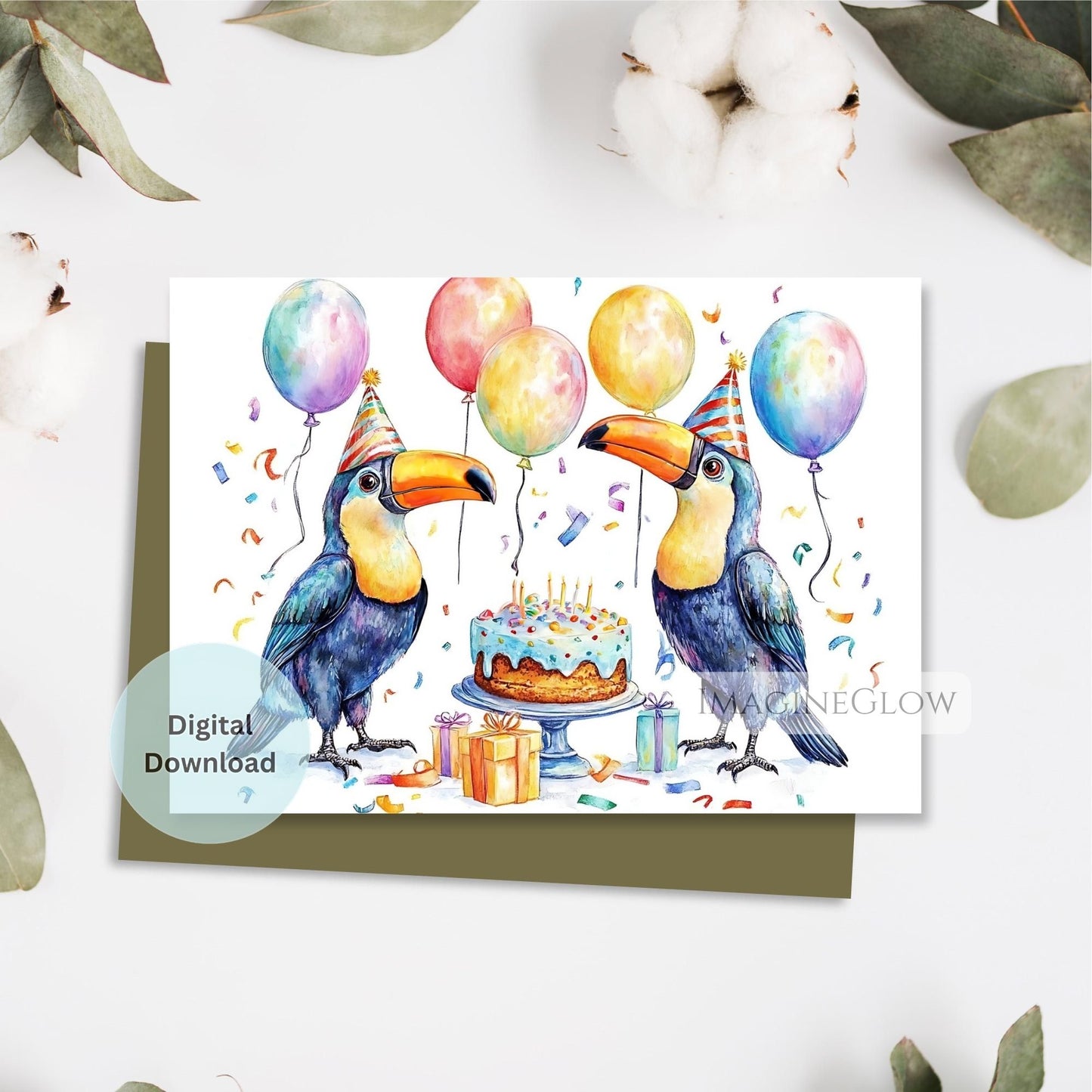 Birthday card with toucan illustrations and balloons on a white background