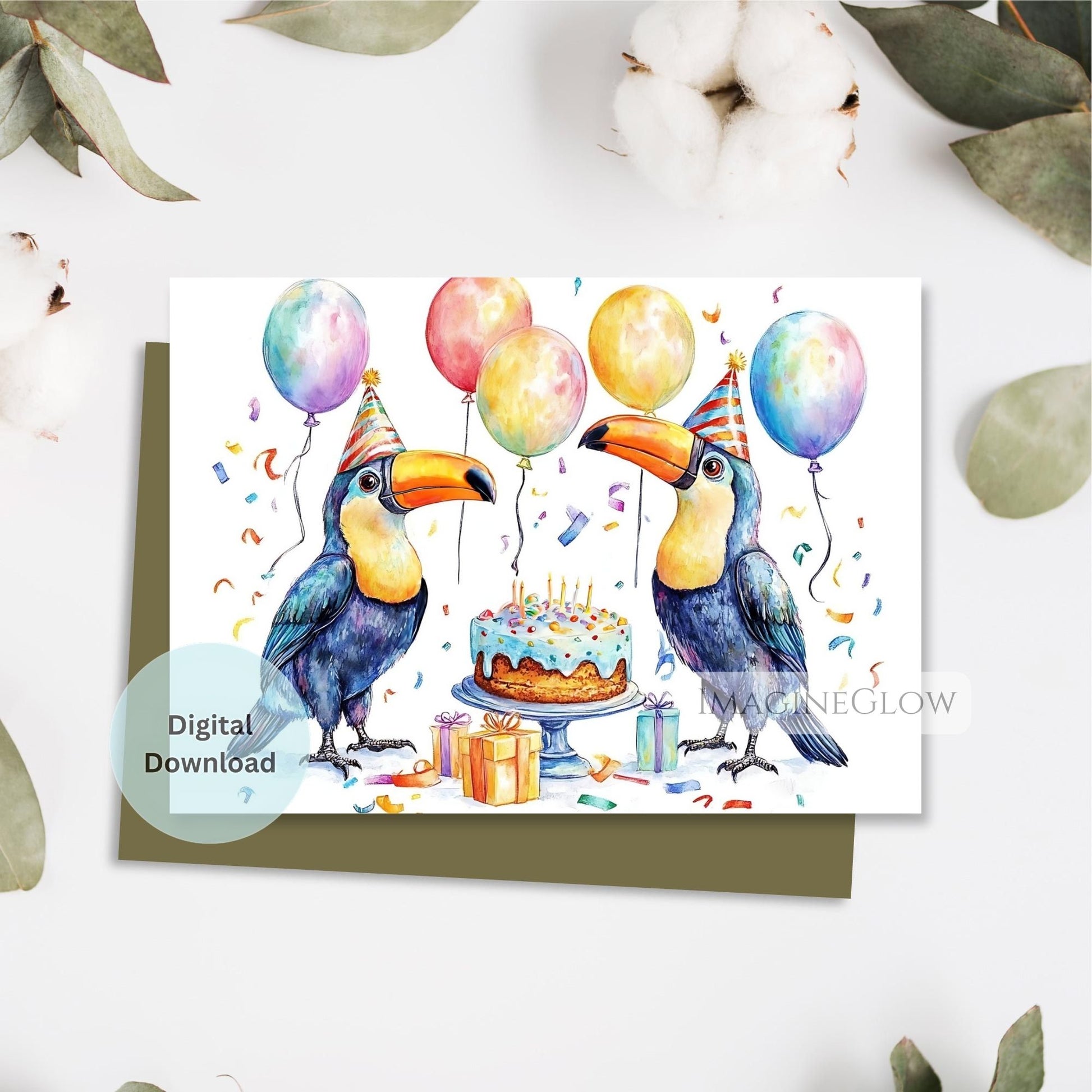 Birthday card with toucan illustrations and balloons on a white background