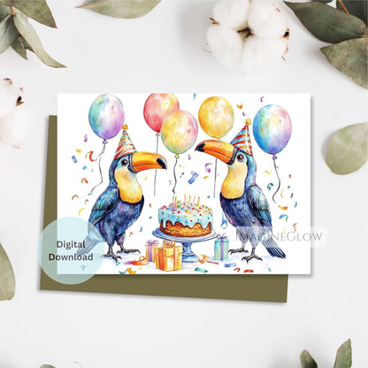 Birthday card with toucan illustrations and balloons on a white background
