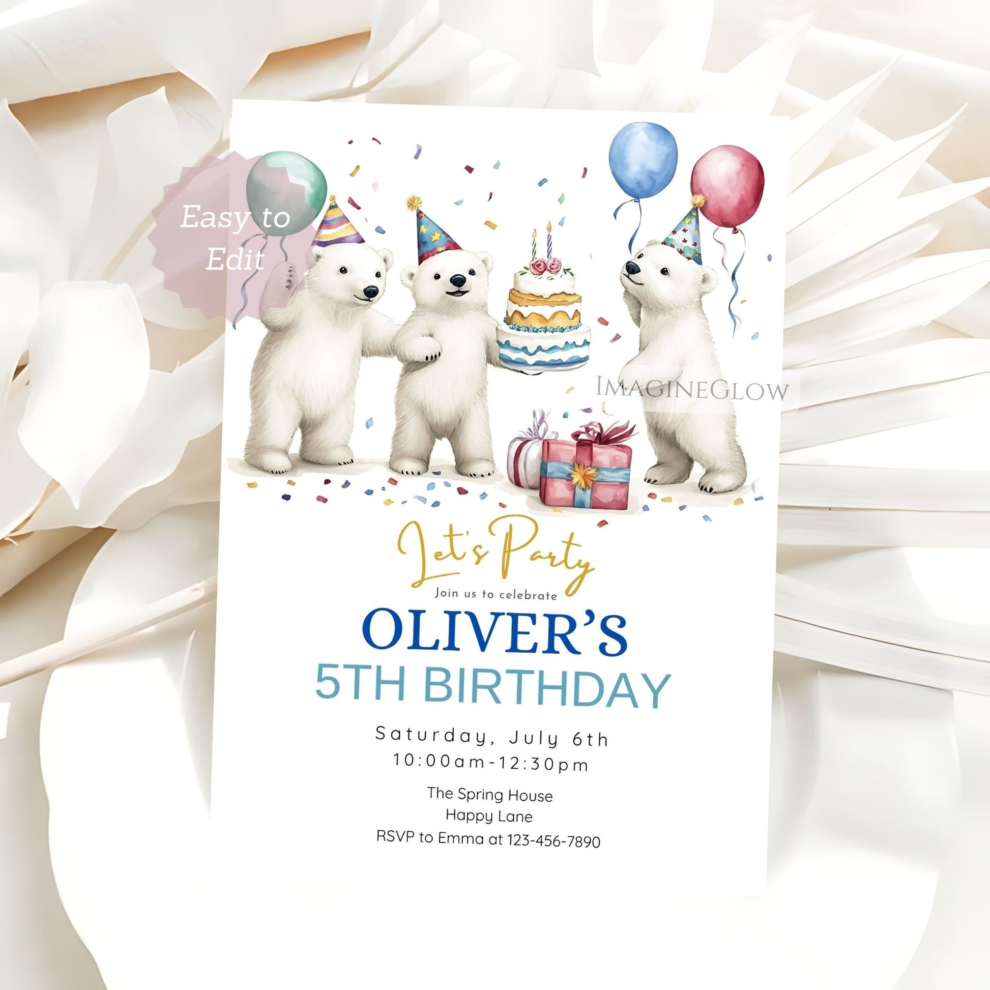 Birthday invitation card with polar bears, cake, and balloons on a white background