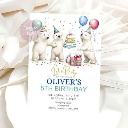 Birthday invitation card with polar bears, cake, and balloons on a white background