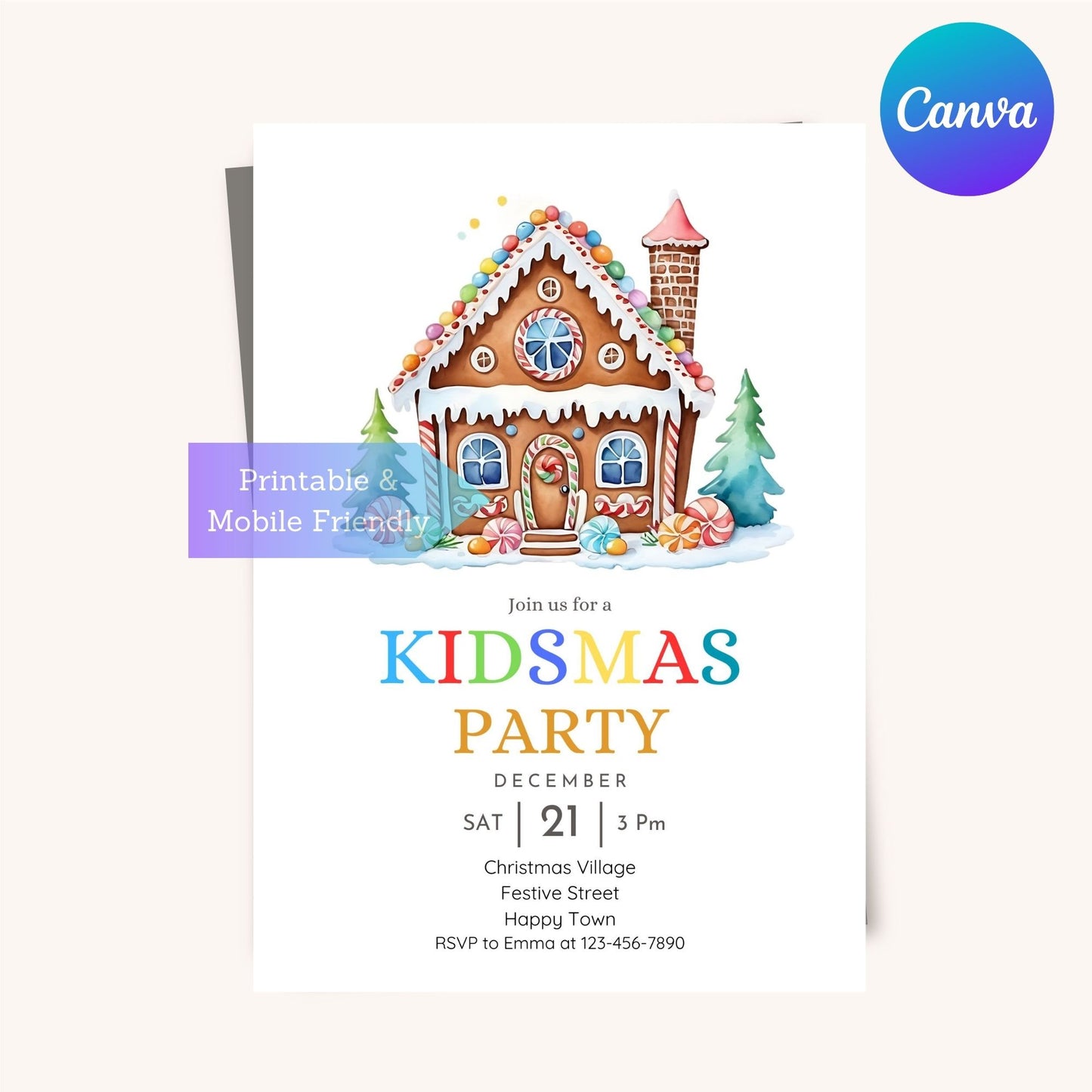 Editable holiday party invite with gingerbread house design for children.