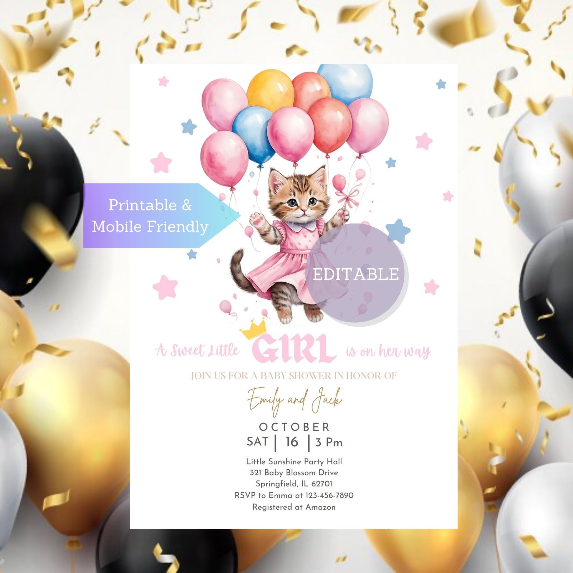 Editable digital download invitation template for a girl baby shower, ideal for inviting guests to a special event.