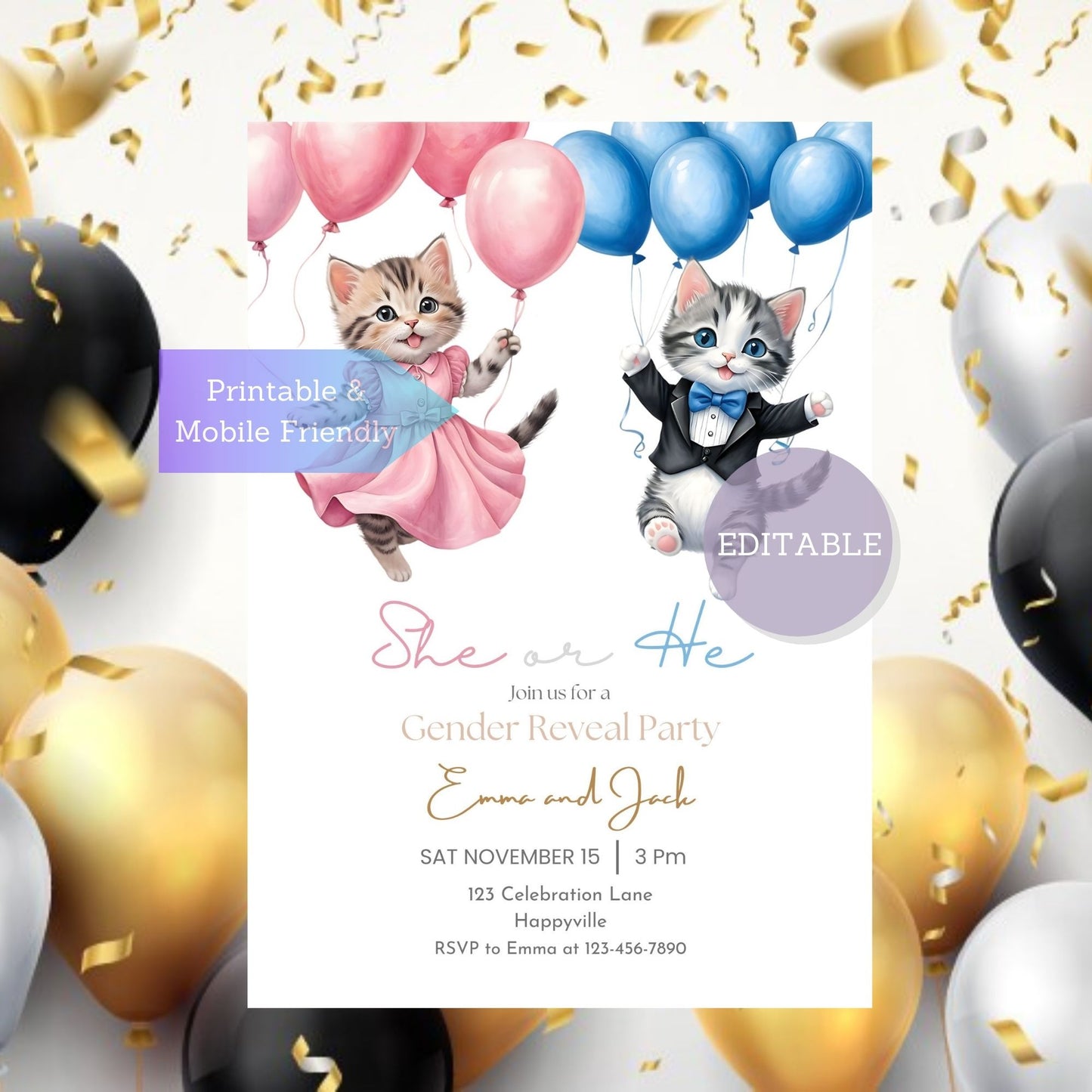 Printable cat party invitation template featuring a charming design for baby celebrations.