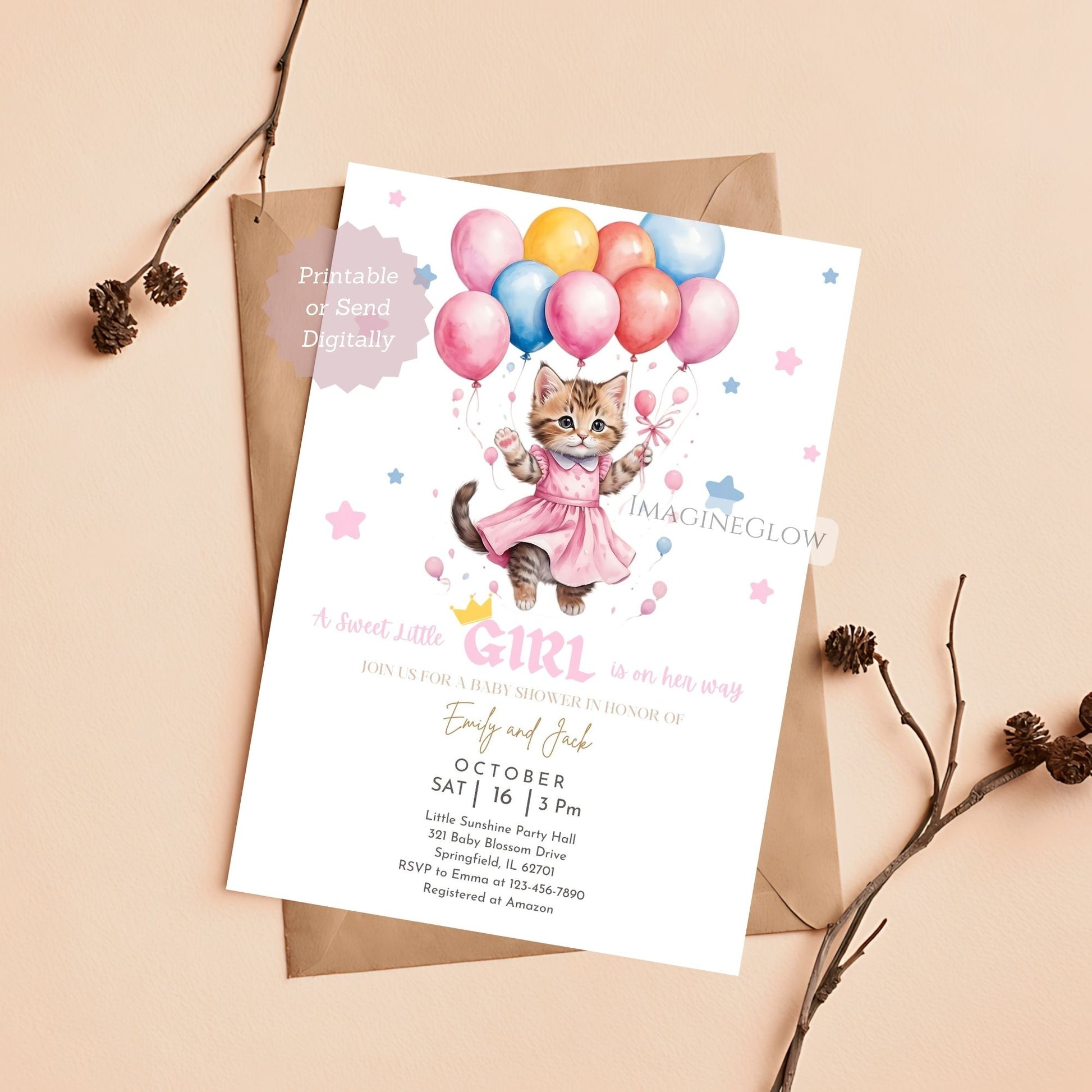 cute kitty baby shower invite for girls
baby shower invitation with pink balloons
