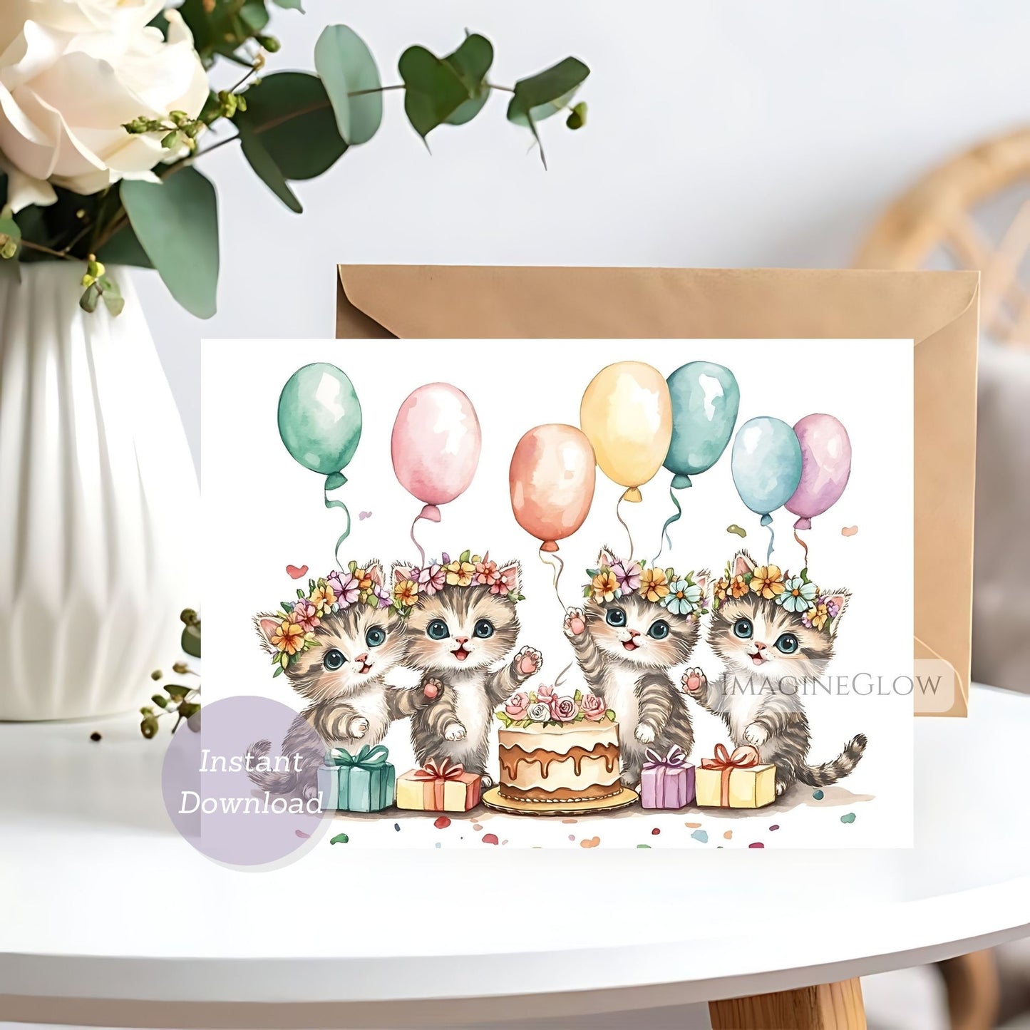 Cute floral kitten birthday greeting card
Digital kitten birthday card with blossoms
Cat lover birthday card with floral design
Sweet kitten and flower birthday card
