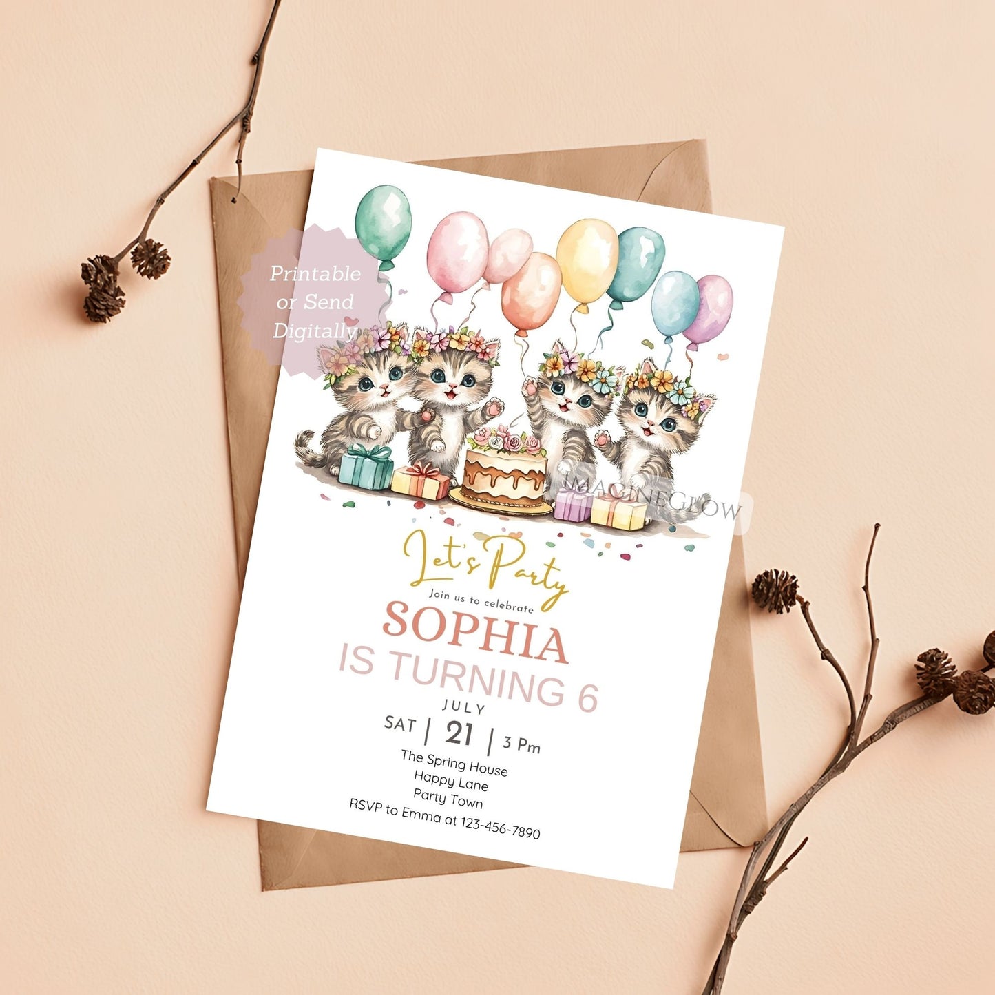 Garden themed kitten birthday party invite
