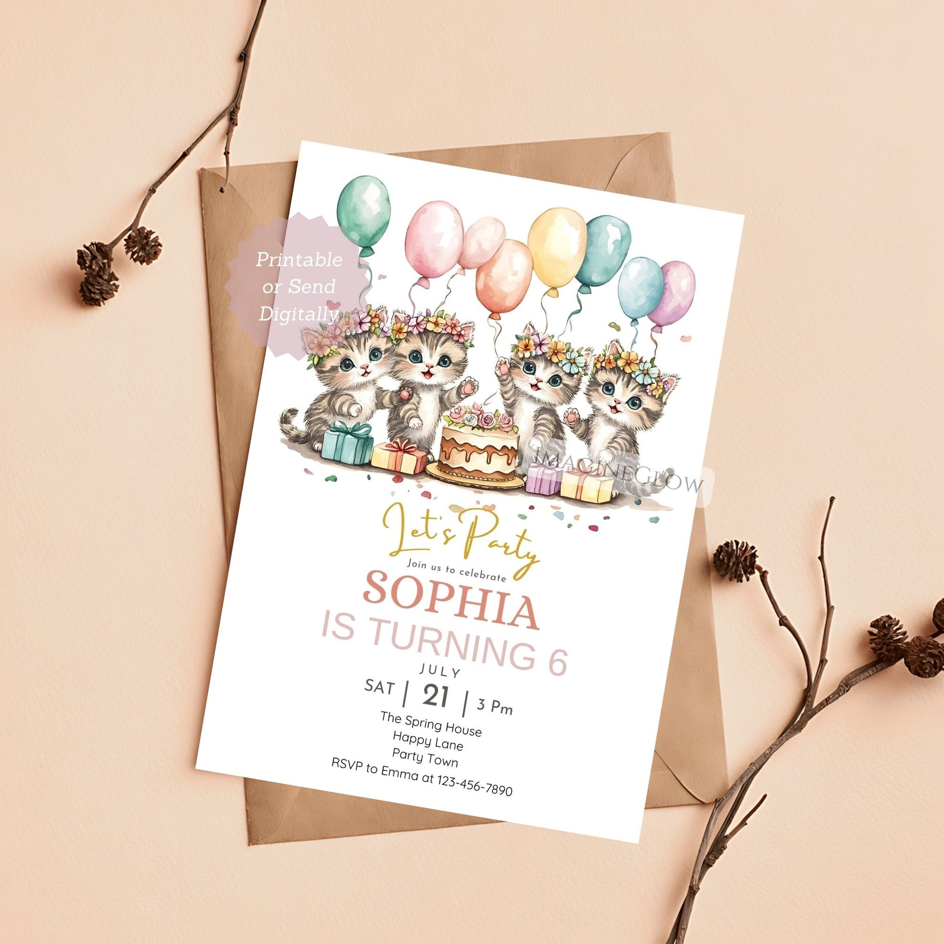 Garden themed kitten birthday party invite
