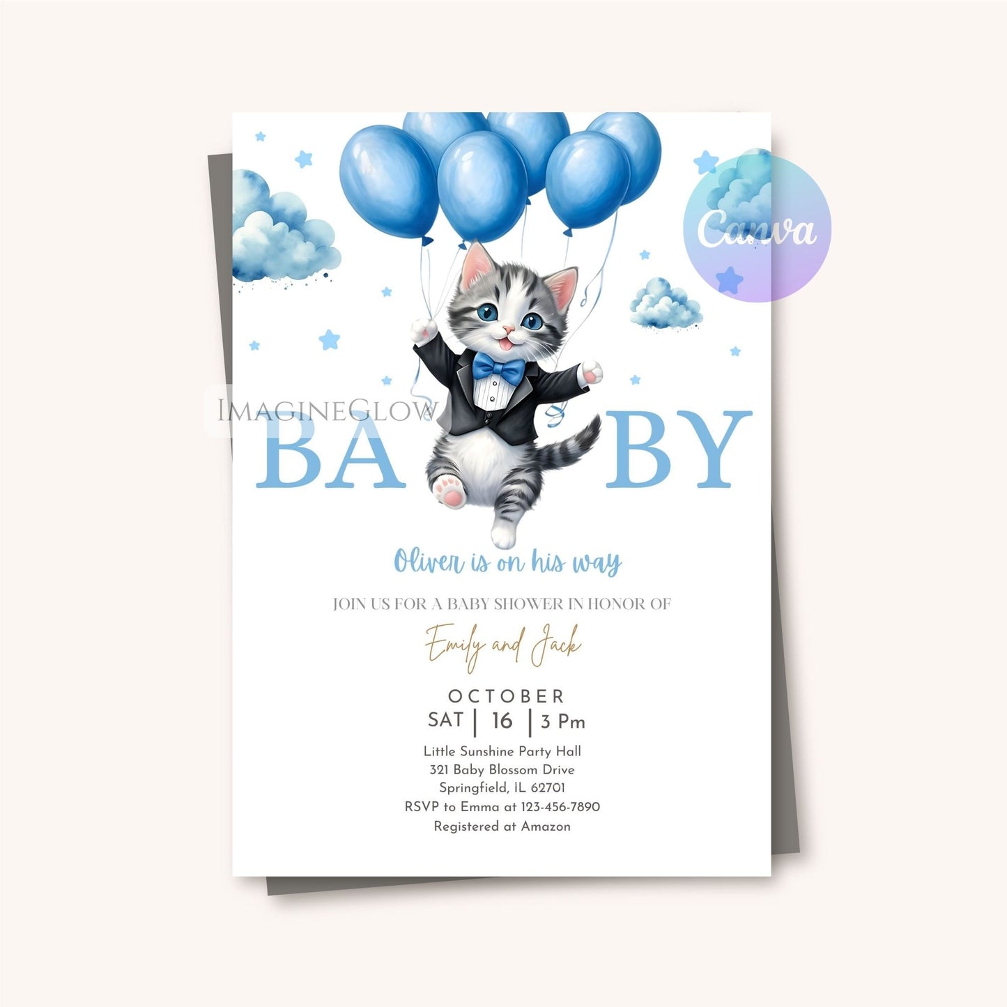 baby shower invitation with blue balloons
