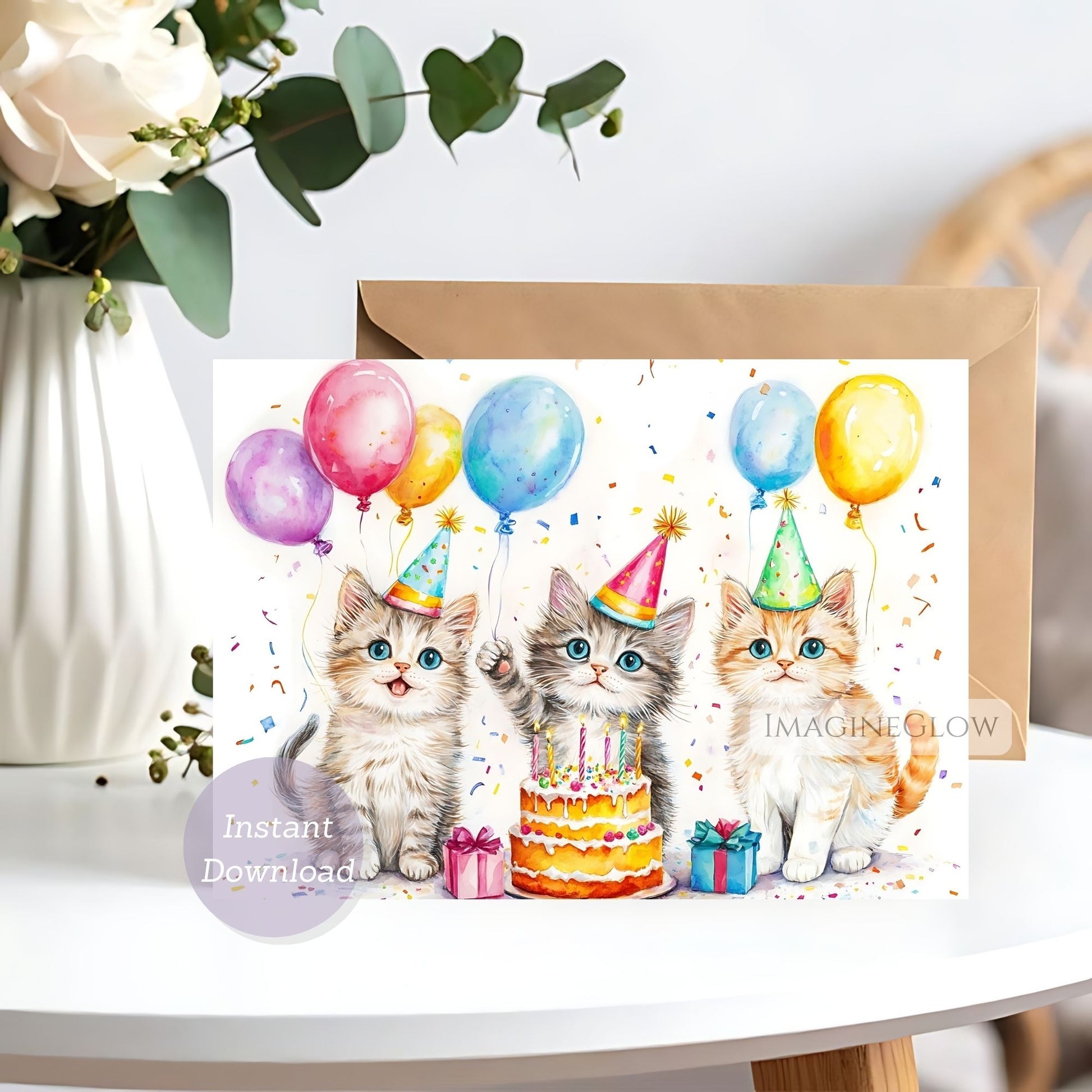 Greeting card with three kittens celebrating a birthday, surrounded by balloons and a cake.