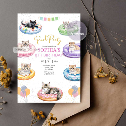 Kitten Pool Party Birthday Invitation - Summer Tropical Beach Party