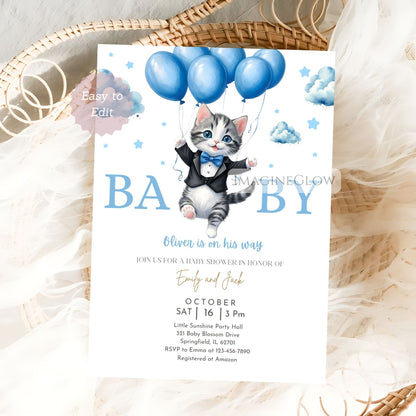 baby boy cat shower digital invite
