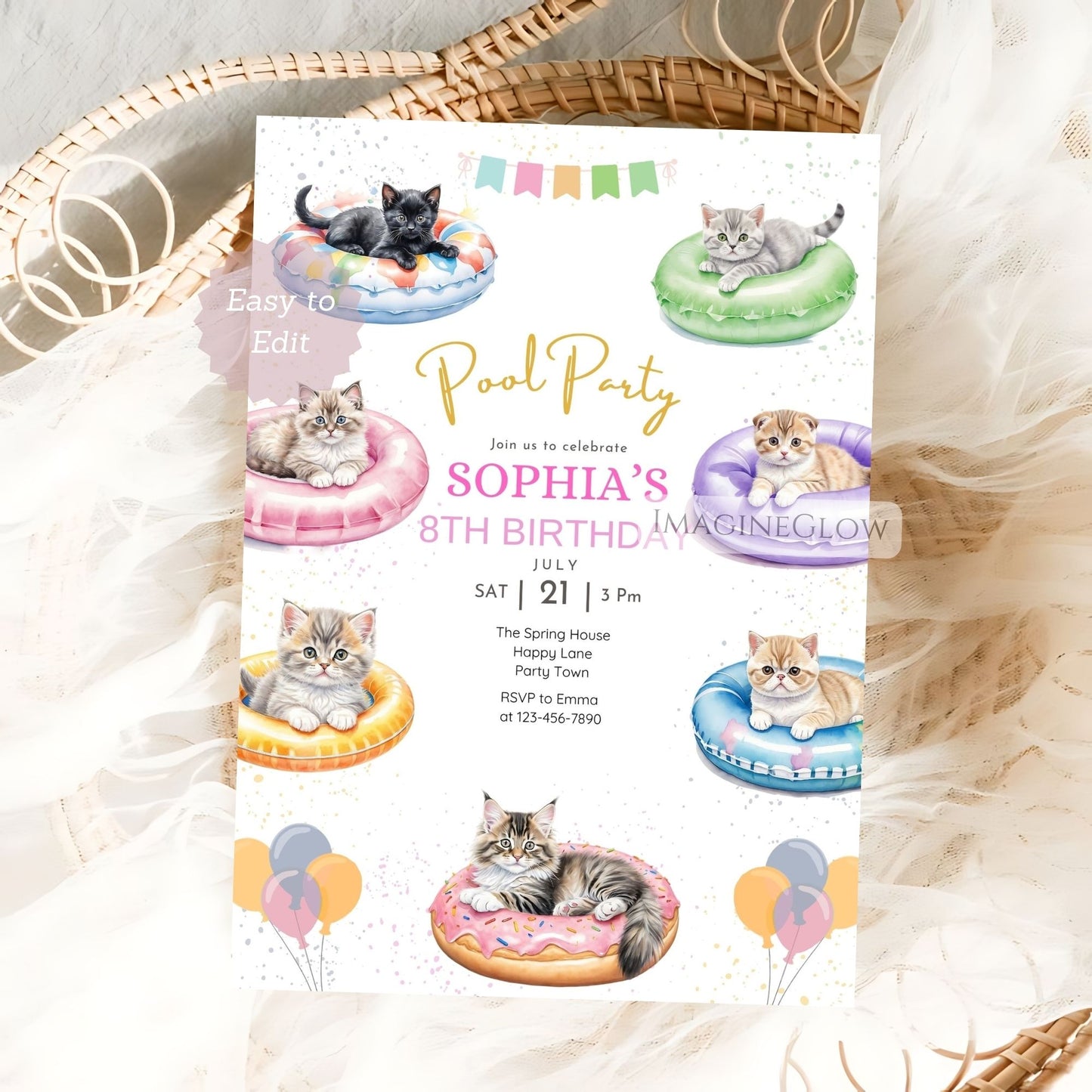 Kitten Pool Party Birthday Invitation - Summer Tropical Beach Party