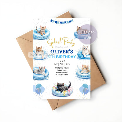 boy pool party cat invite
