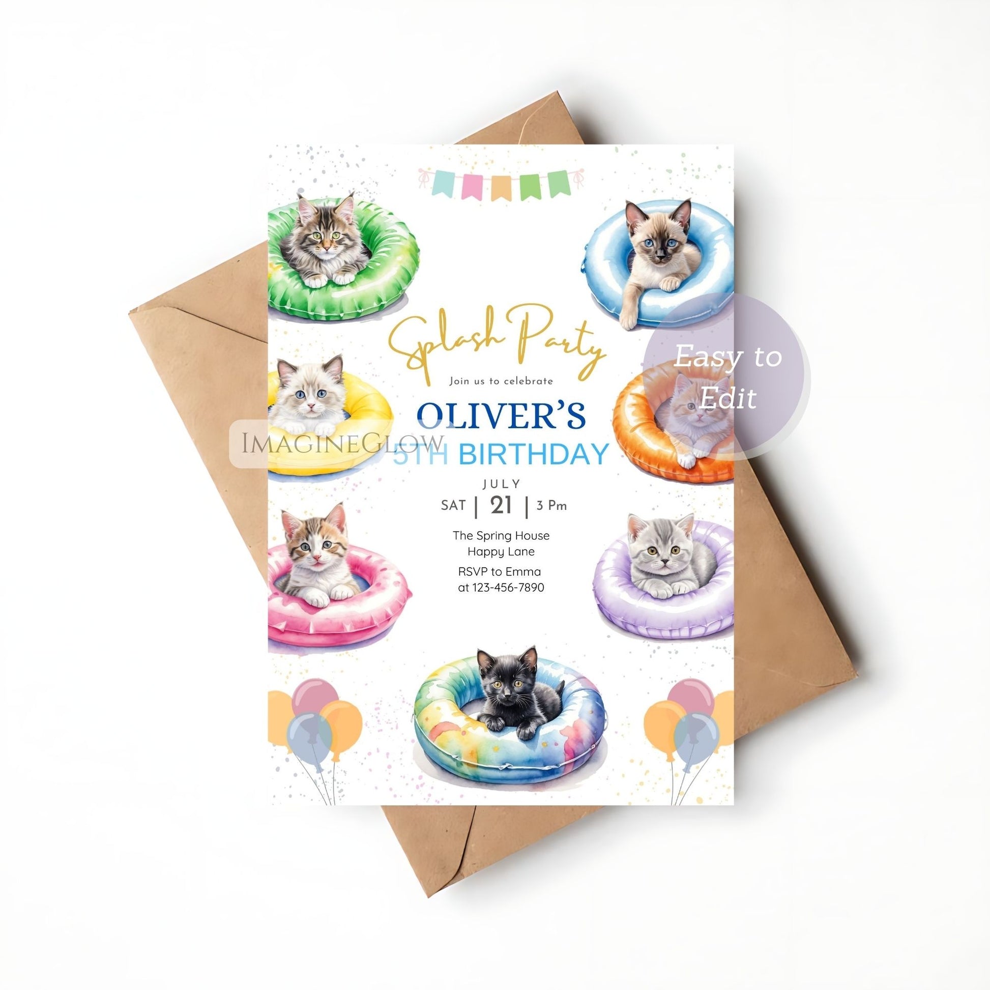 Birthday party invitation with cats on inflatable rings and a brown envelope.