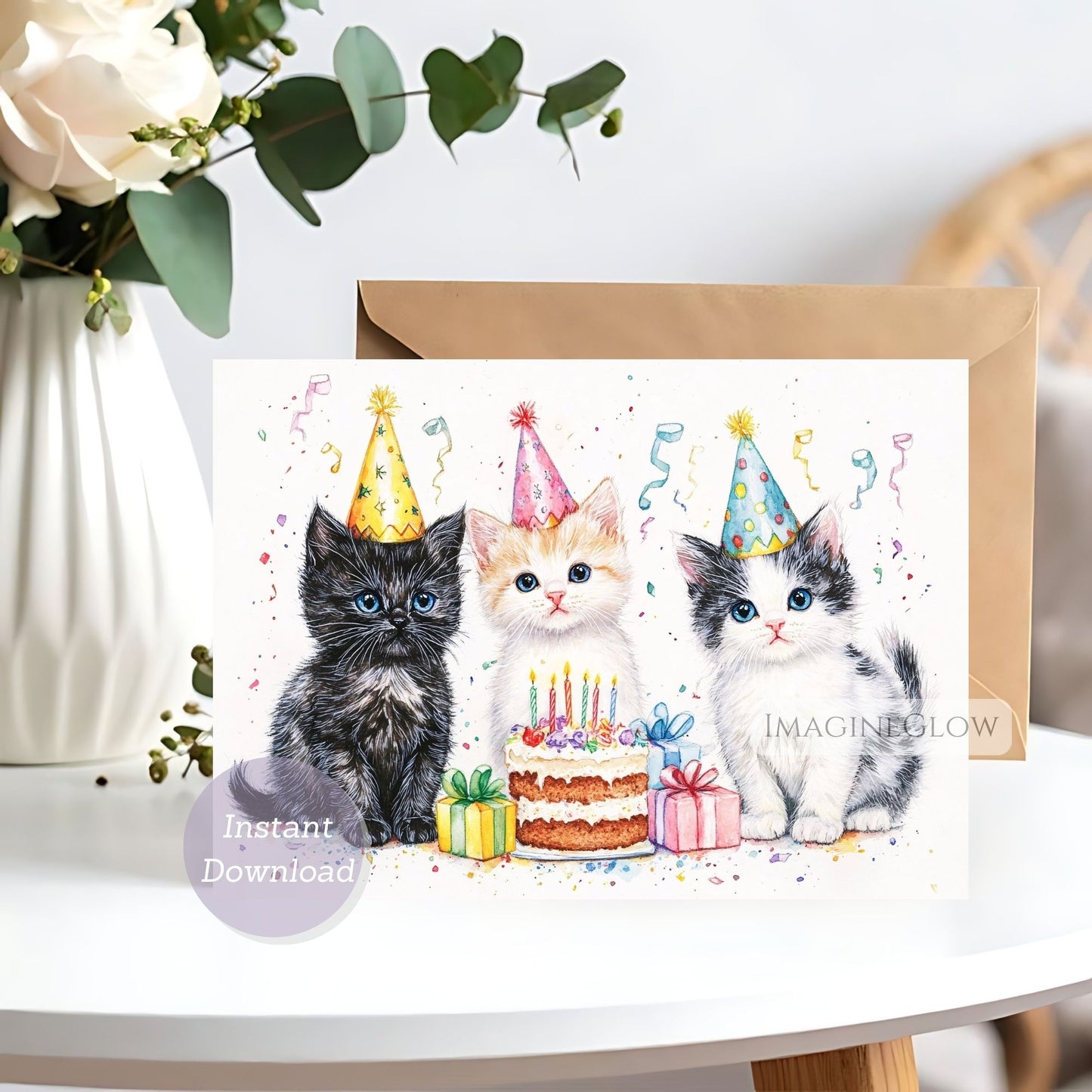 Birthday card with three kittens wearing party hats on a white surface.