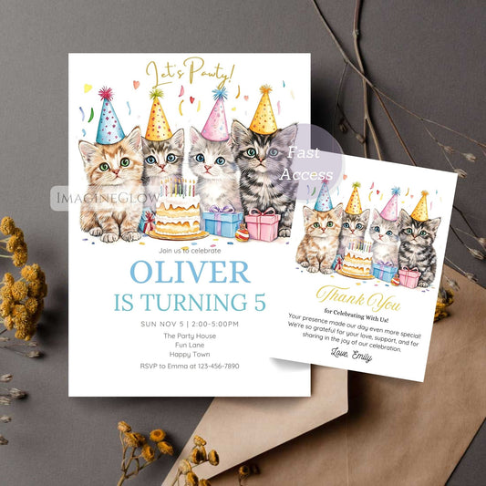 Kitty Cat Birthday Invitation & Thank You Card - Cute Cat Party Set