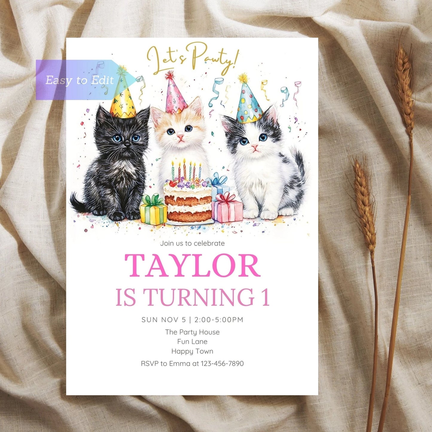 Kitty cat party invite for a paw-some birthday celebration.
Custom cat lover invitation template for a fun birthday party.
