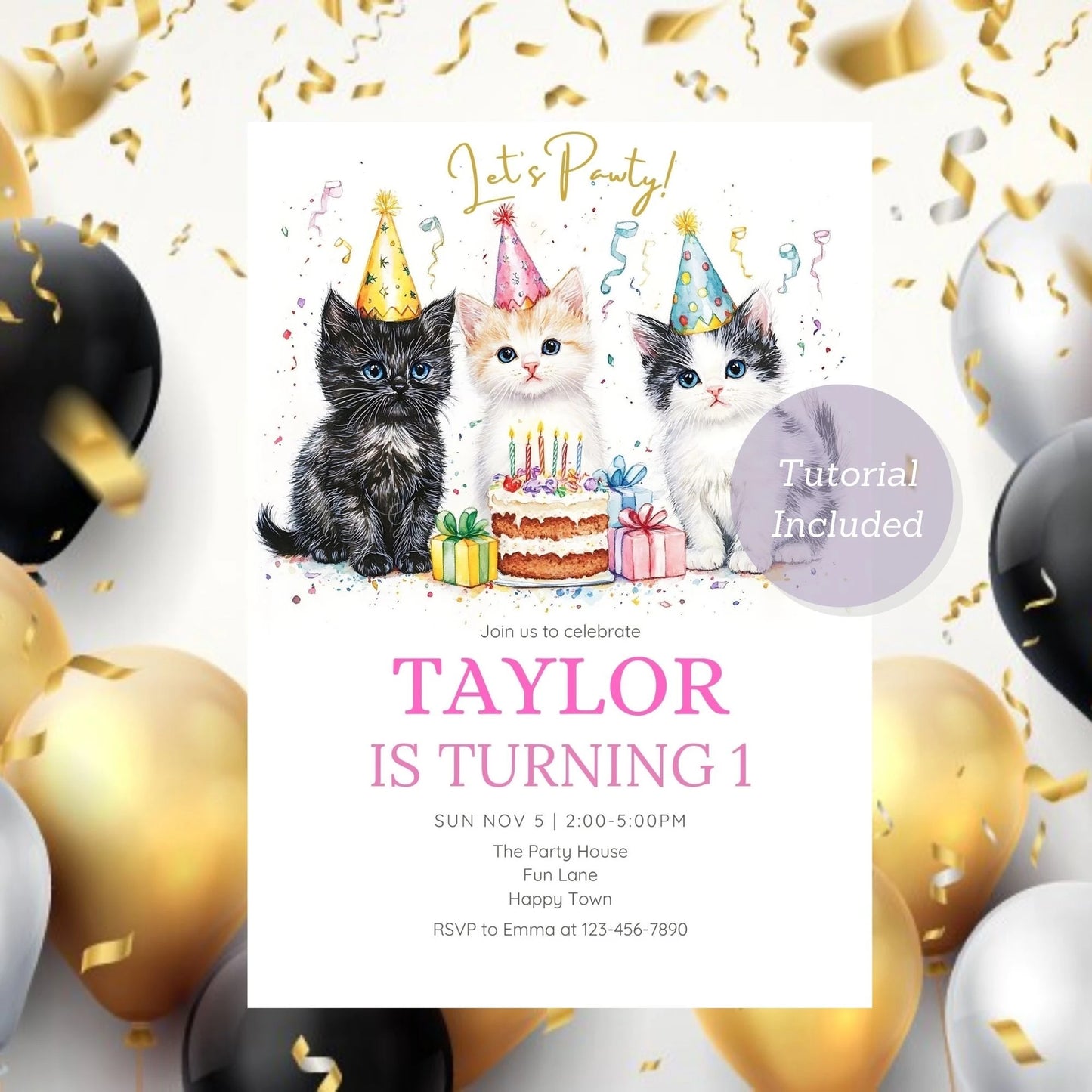 Editable and printable cats-themed birthday party invite.