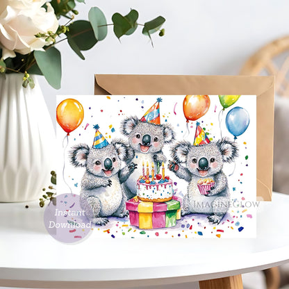 Birthday card with koalas and balloons on a white surface