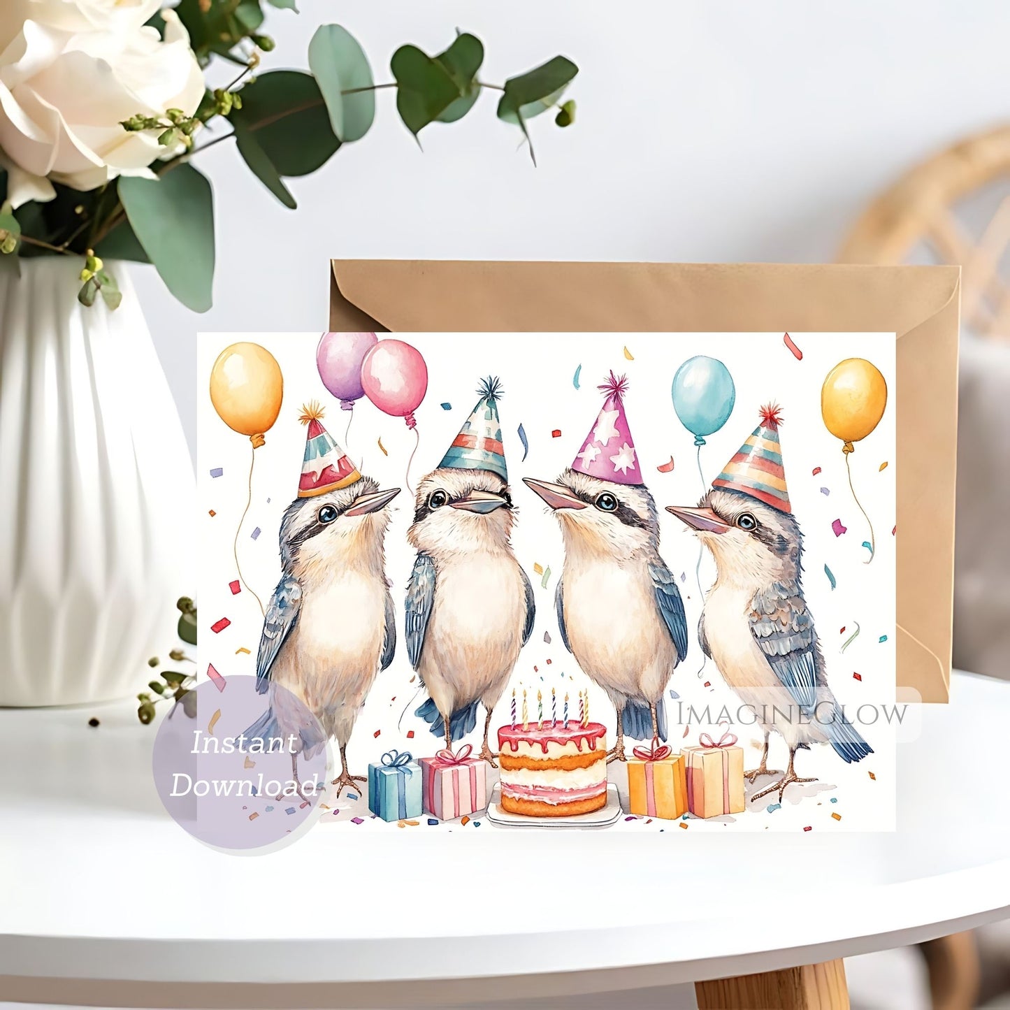 Birthday card with illustrated birds wearing party hats and balloons on a white surface.