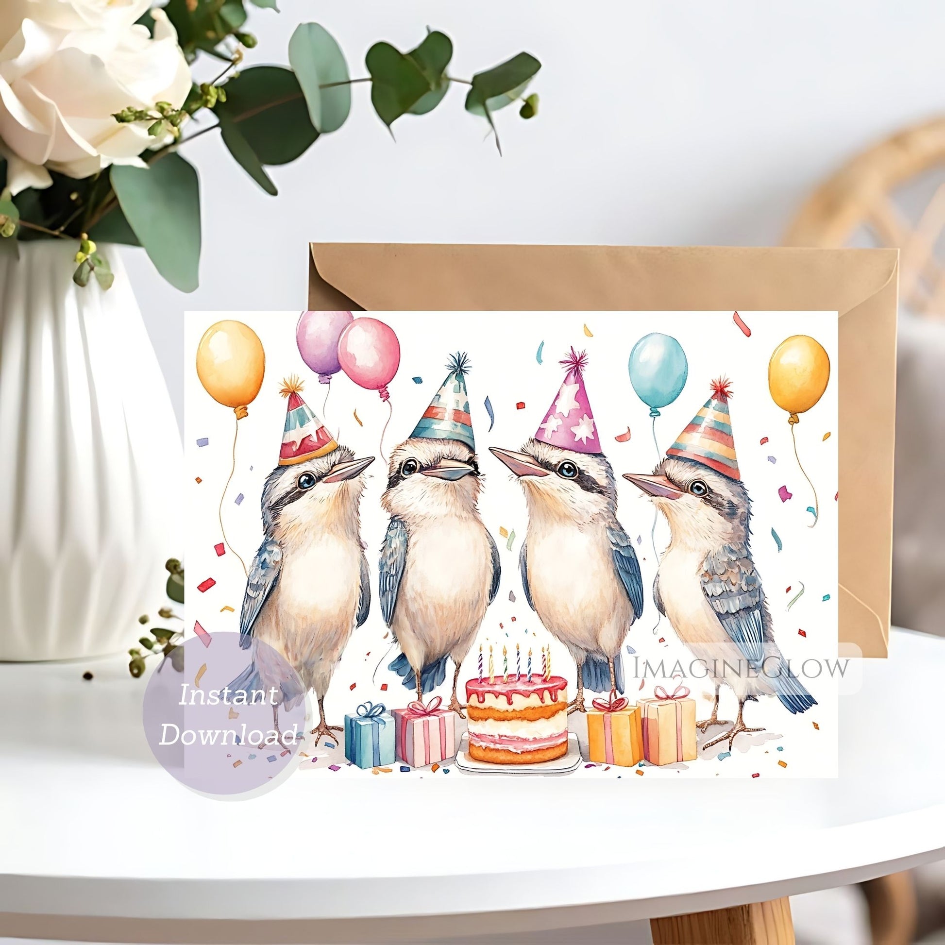 Birthday card with illustrated birds wearing party hats and balloons on a white surface.