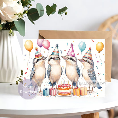 Birthday card with illustrated birds wearing party hats and balloons on a white surface.