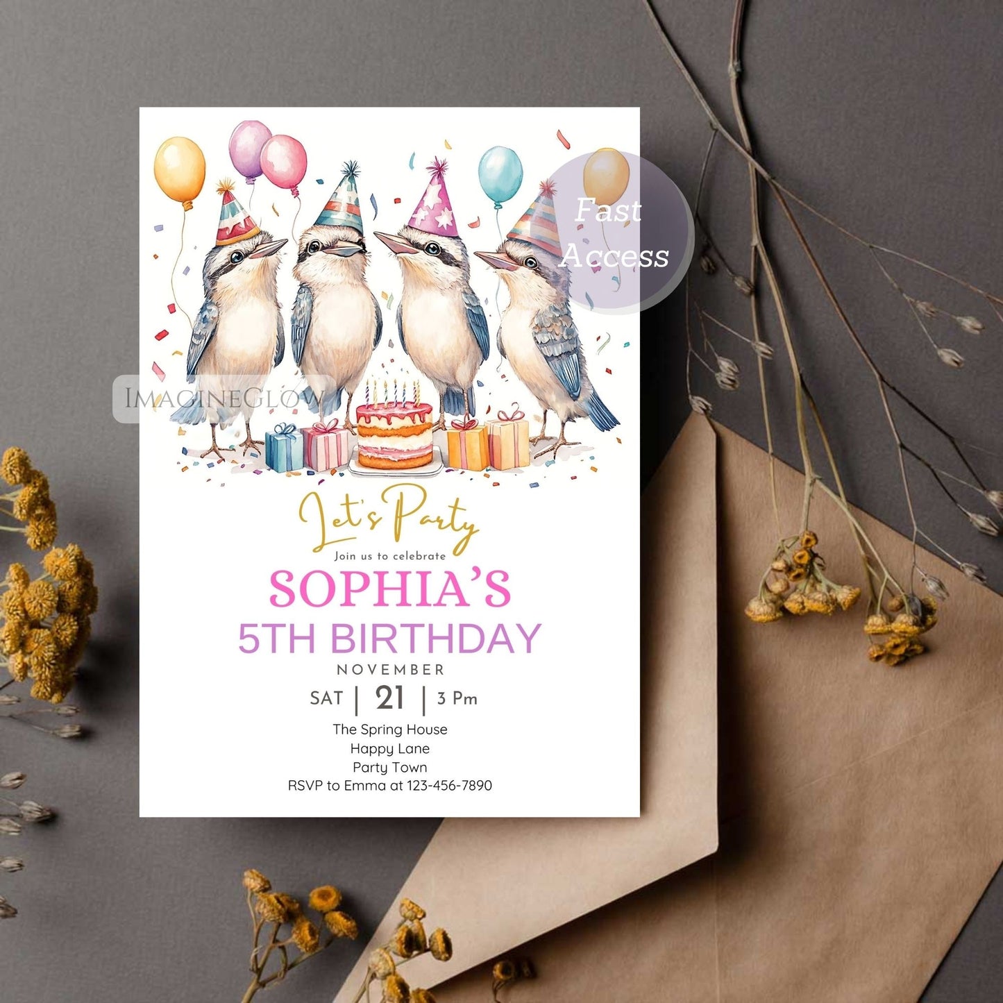 Digital kookaburra birthday invitation template
