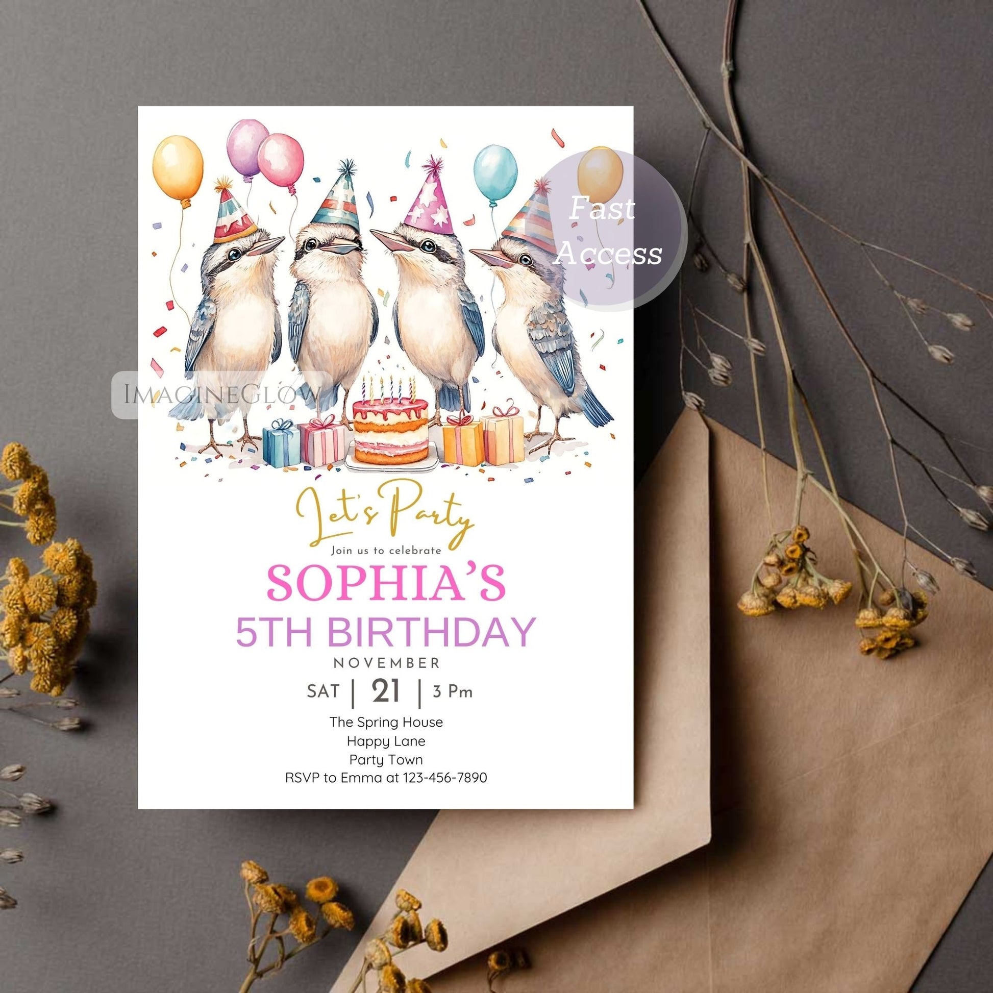 Digital kookaburra birthday invitation template
