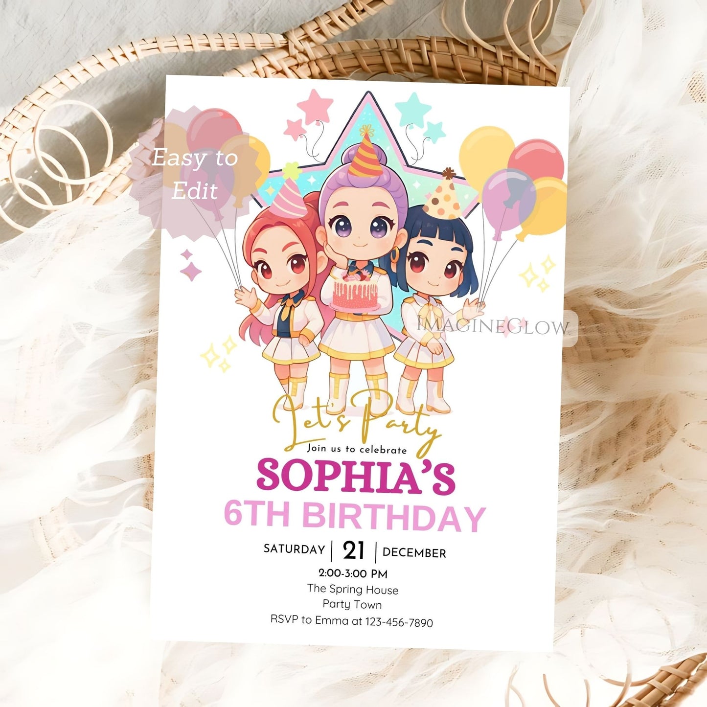 editable kpop demon hunters birthday invite
