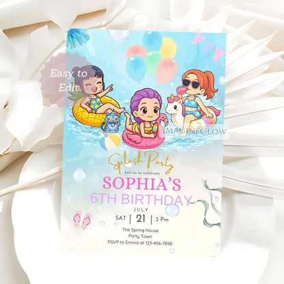 Birthday party invitation with cartoon characters in a pool, colorful balloons, and text.