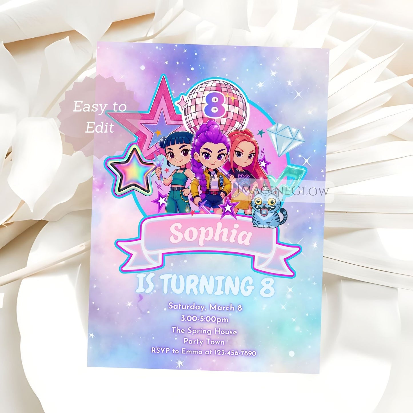 Anime girl birthday invitation with KPOP Demon Hunters theme
