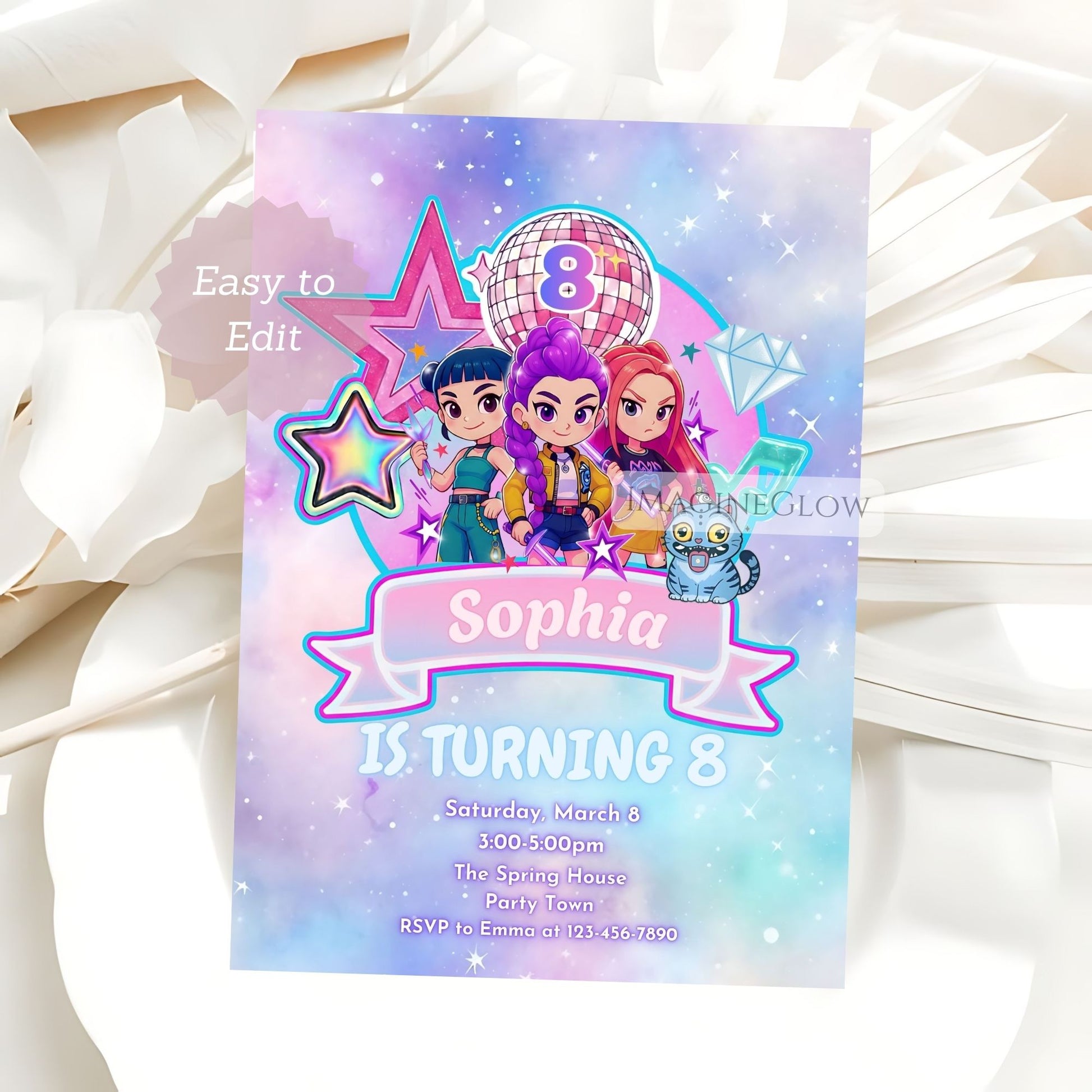 Anime girl birthday invitation with KPOP Demon Hunters theme
