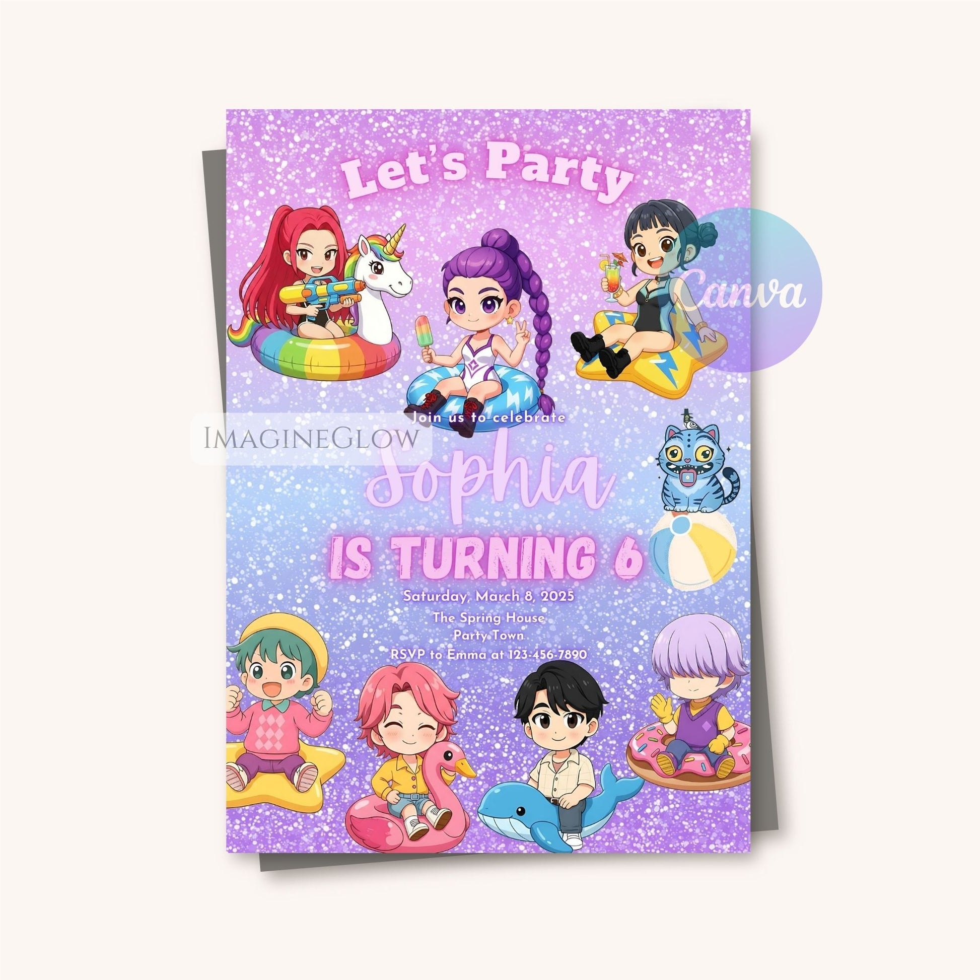 kpop pool party birthday invite
huntrix demon hunters invitation
