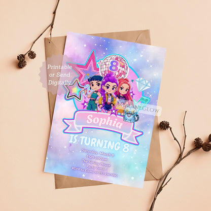 Colorful anime birthday invitation for KPOP fans
