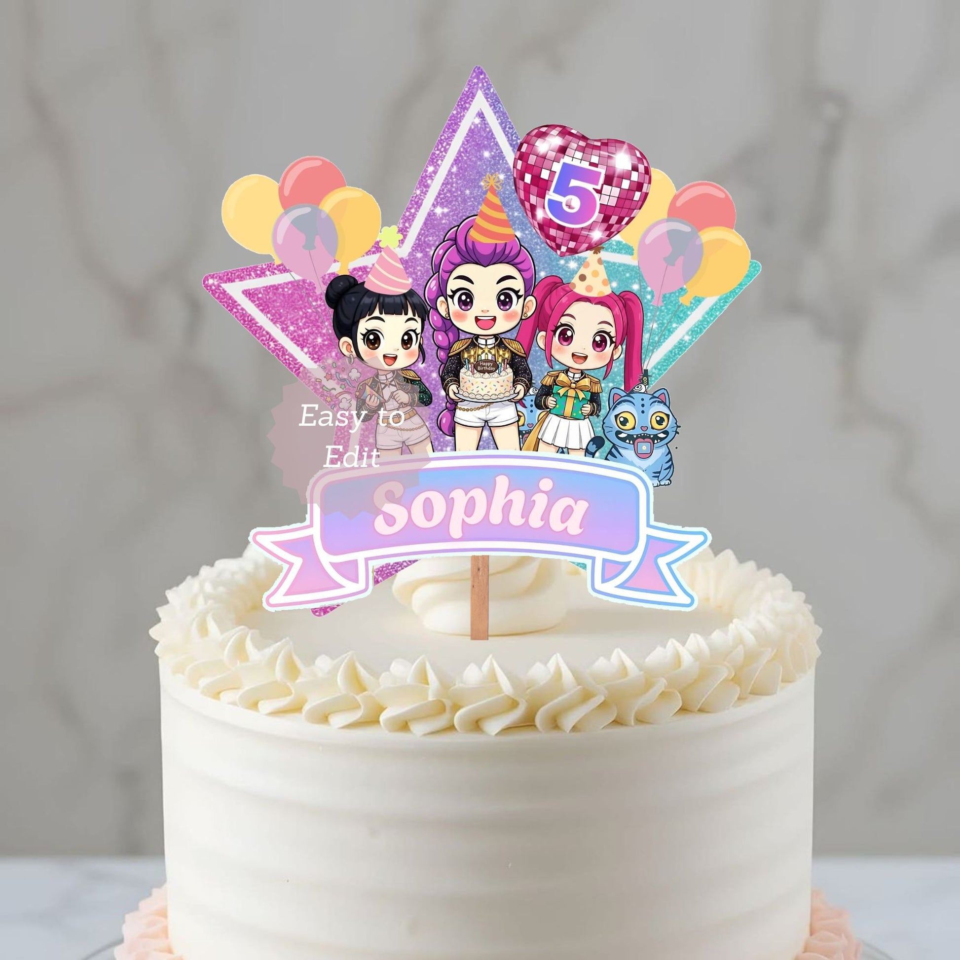 HUNTRIX themed cake toppers for anime and KPOP lovers
Digital editable KPOP birthday cake decoration with HUNTRIX
