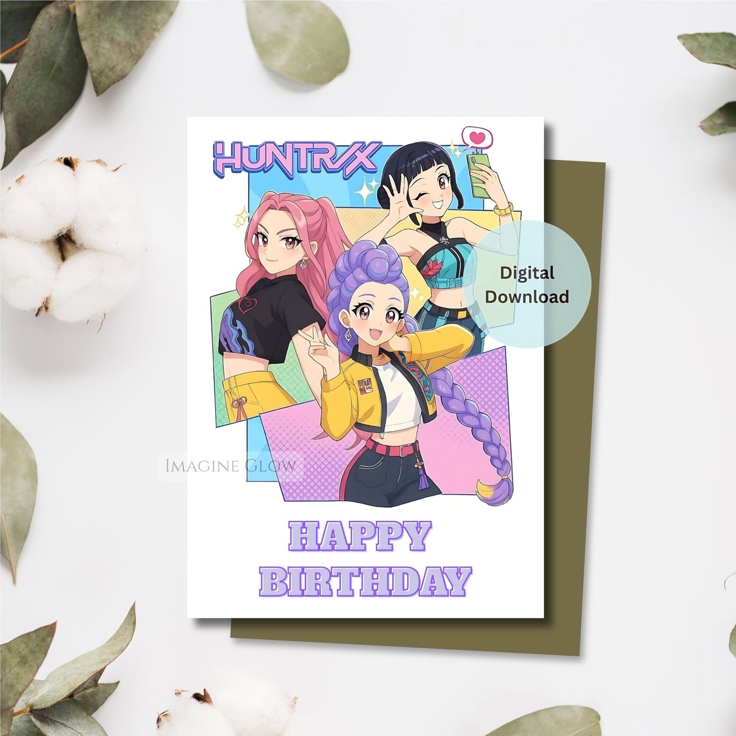 Birthday card with cartoon characters and 'Happy Birthday' text on a white background.