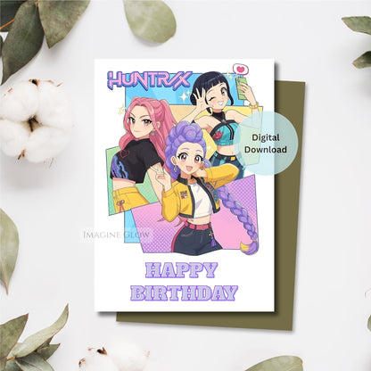 Birthday card with cartoon characters and 'Happy Birthday' text on a white background.