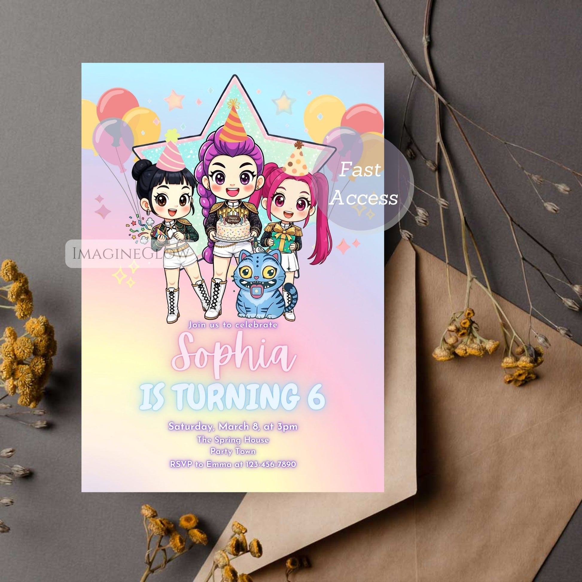 Fun anime girl birthday invite with KPOP and demon hunter design
Stylish HUNTRIX themed KPOP birthday invitation for teens