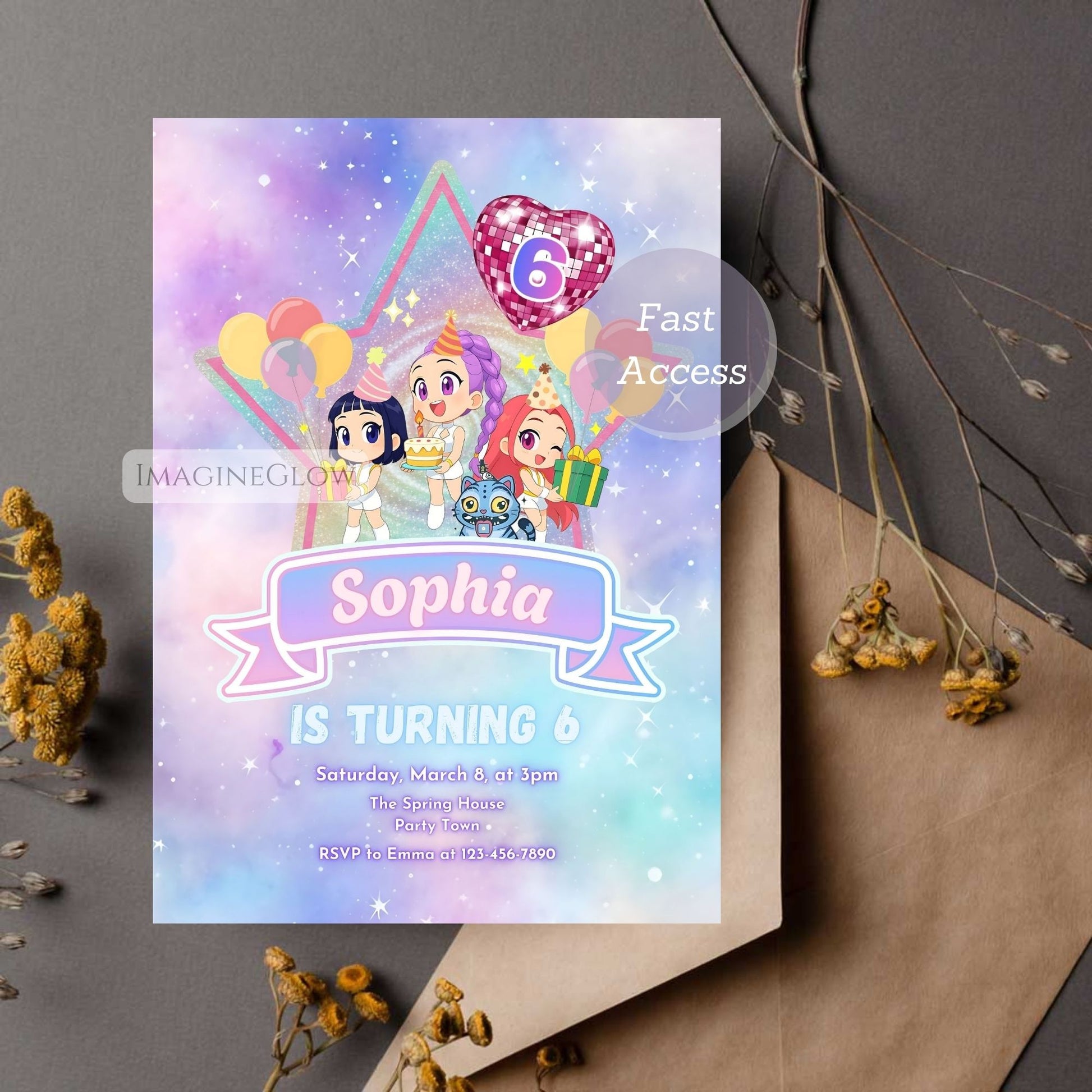 Fun anime girl birthday invite with KPOP and demon hunter design
