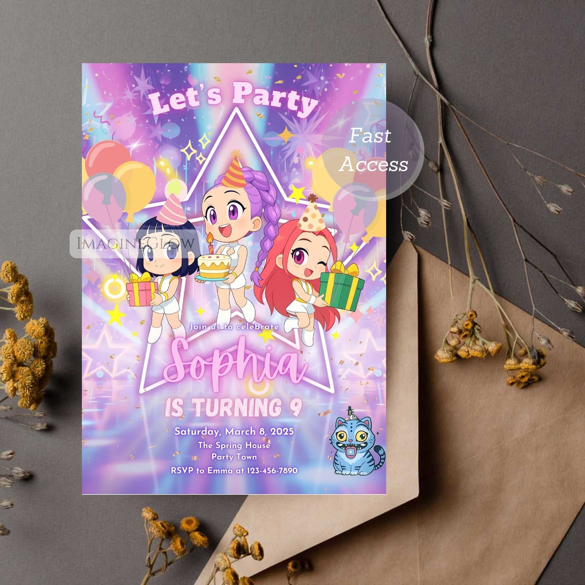 huntrix girl birthday invitation
anime fan girl party invite