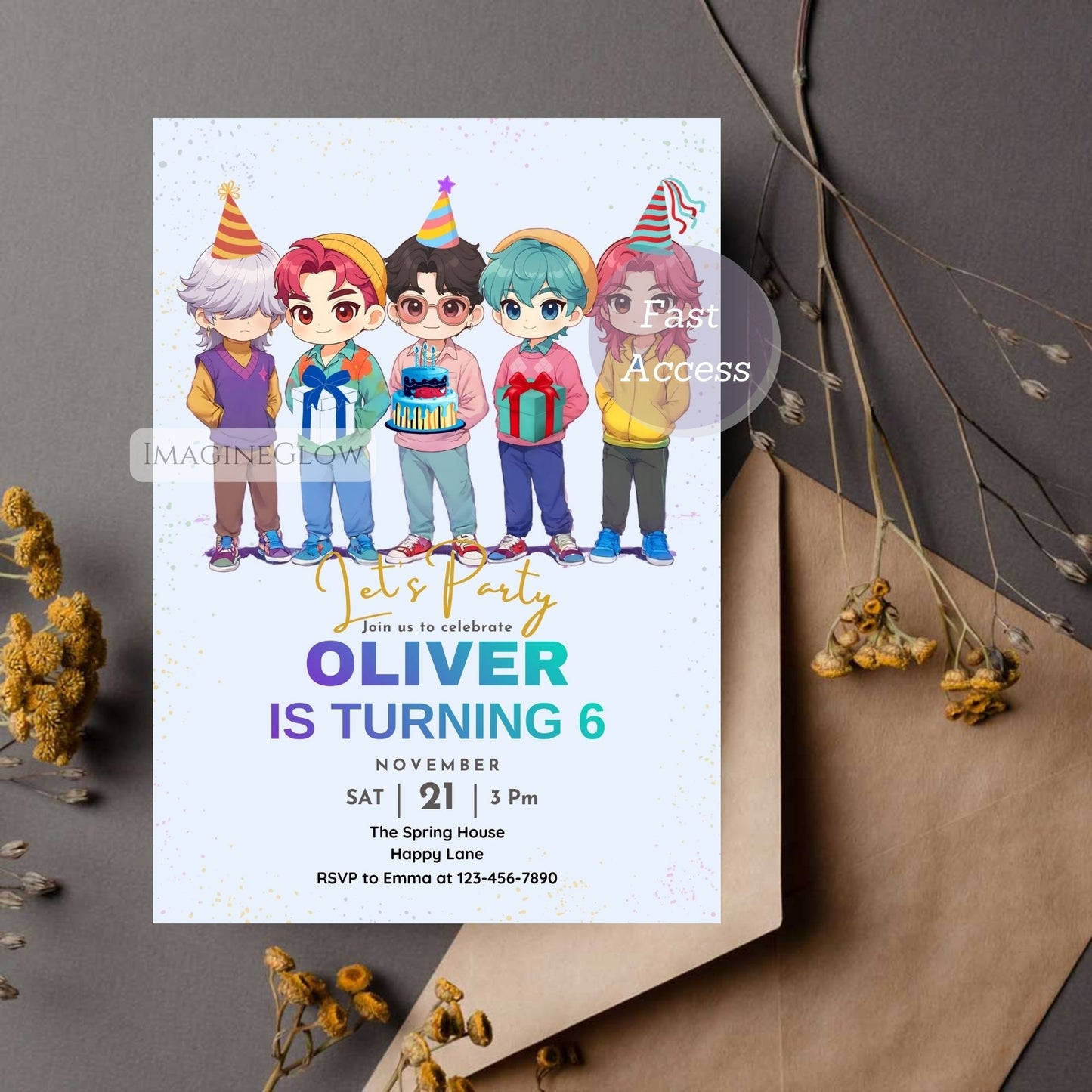 kpop fan birthday invitation
anime style printable party invite