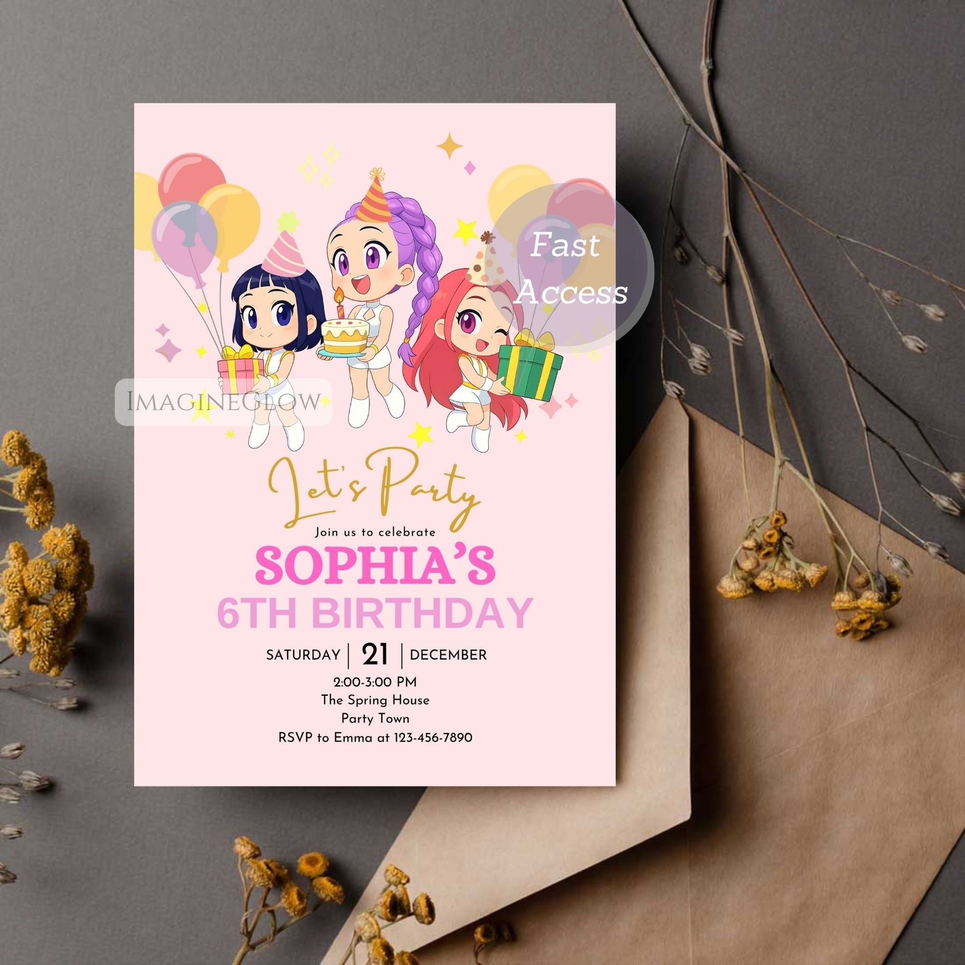 huntrix anime party invitation printable
editable kpop demon hunters party invite
