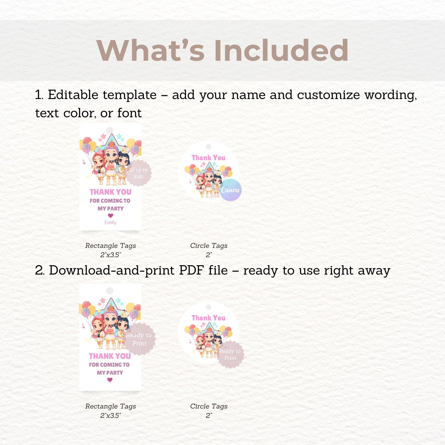 huntrix themed thank you favor tags
printable kpop demon hunters gift tags
anime kpop party thank you tags
