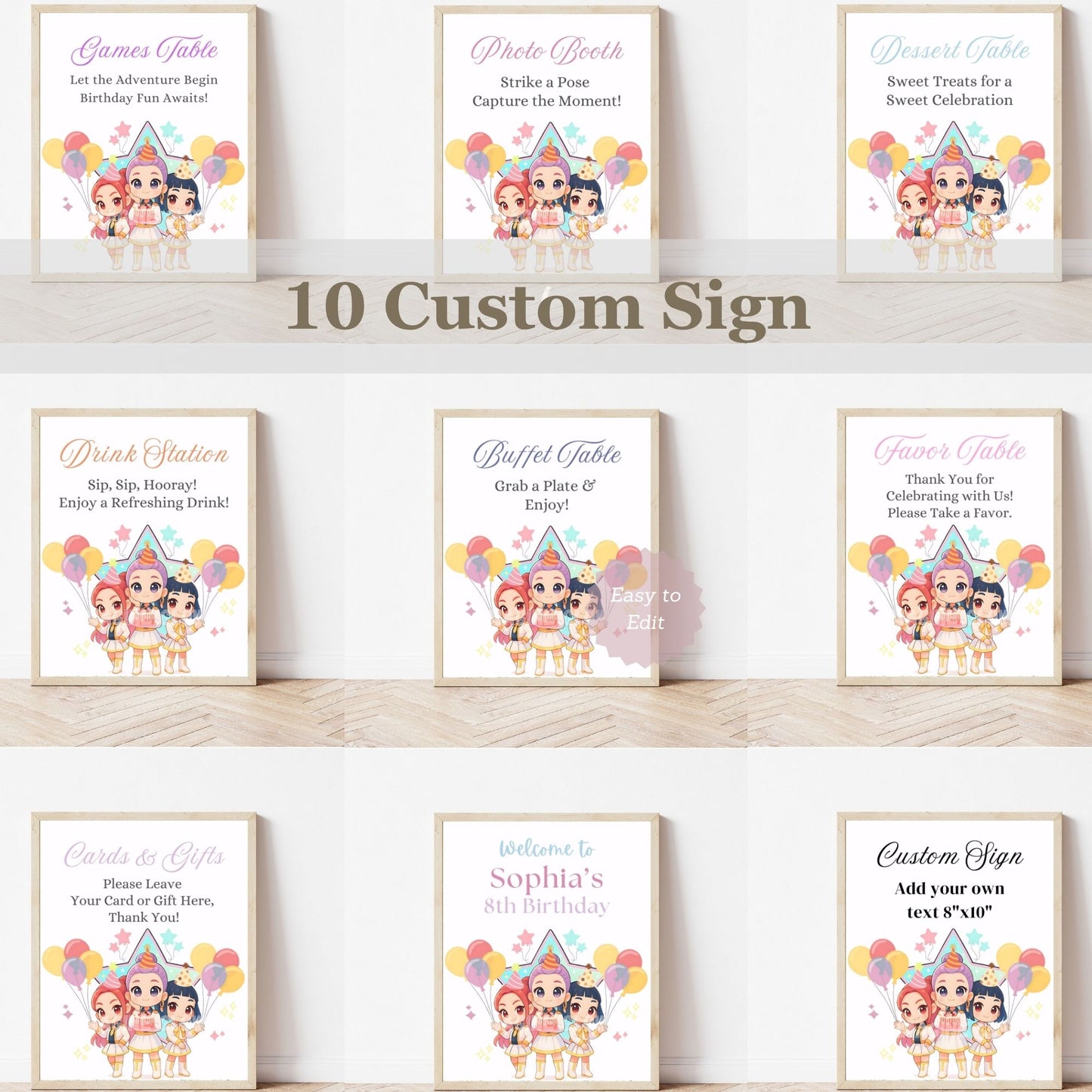 Set of 10 customizable birthday party signs with kpop demon hunters characters